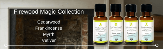 Essential Oil Blend for Fireplace with luxurious woody scents of cedarwood, frankincense, myrrh, and vetiver
